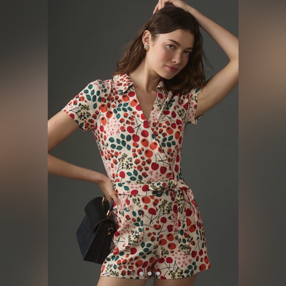 Maeve Linen Short-Sleeve Wrap Romper